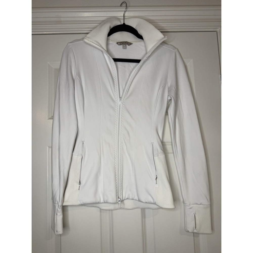 Athleta Ridge Crop Athletic Jacket White XS Full Zip Pockets Thumb Holes
